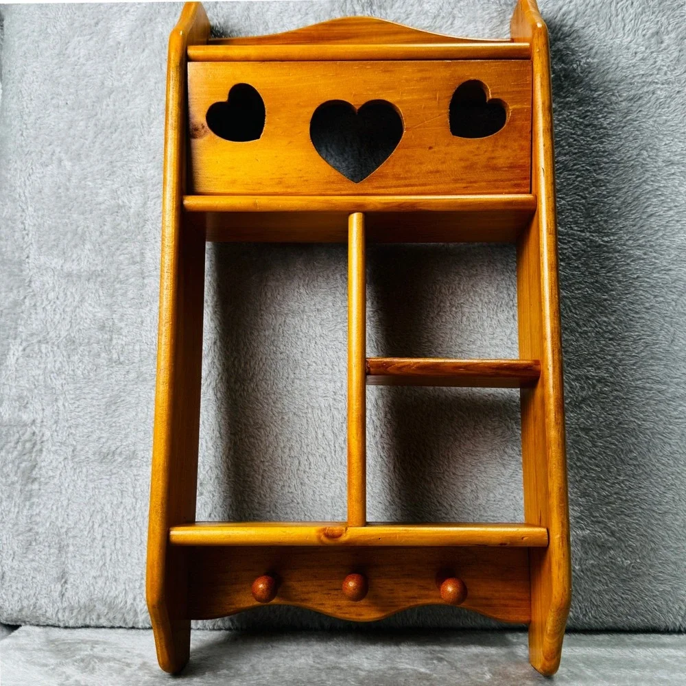 Vintage 80s Wood Wall Shelf Heart Cutout Curio Display 3 Pegs Cottagecore